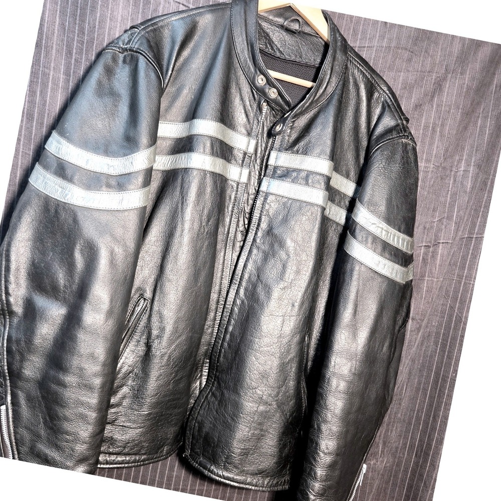Vintage‎ Cafe Leather Motorcycle Jacket Mens XL Black Silver Stripe  Racer Moto